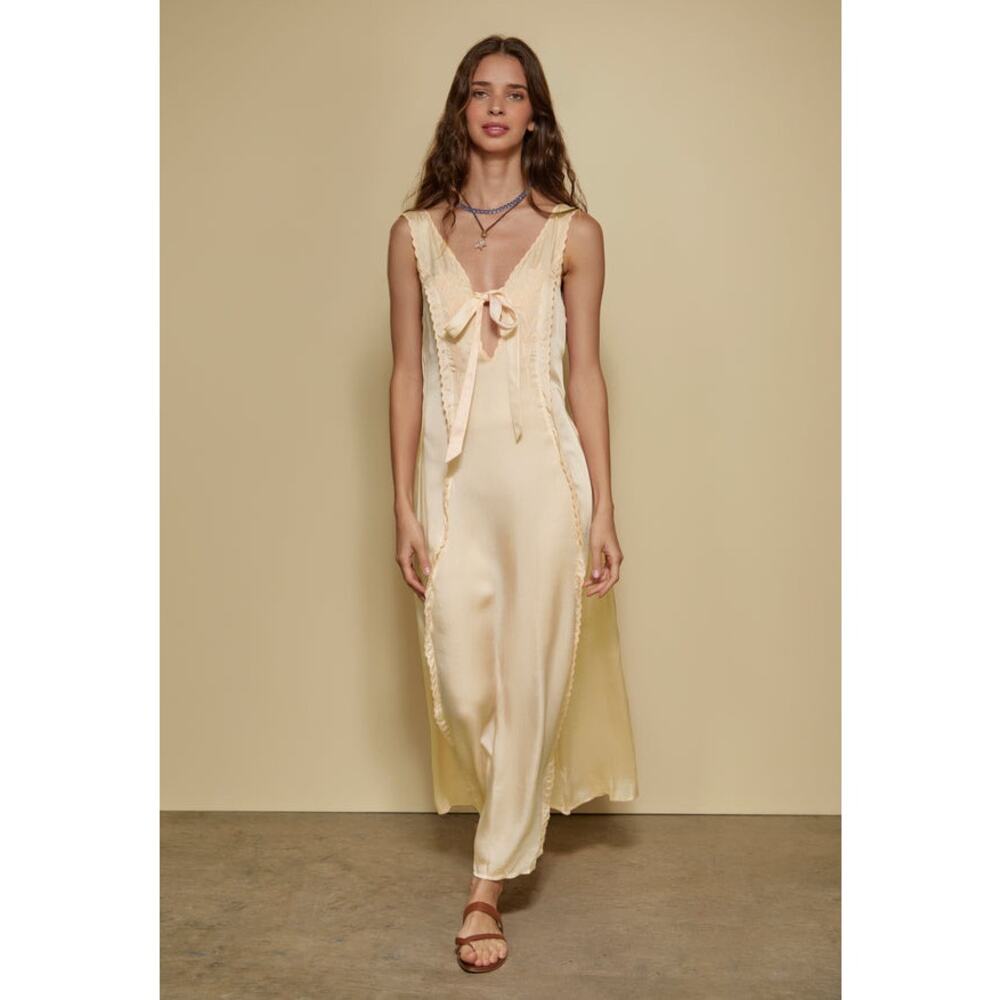 Ciao Lucia Serena Butter Yellow Satin Maxi Dress with Ribbon Tie - Picture 3 of 9